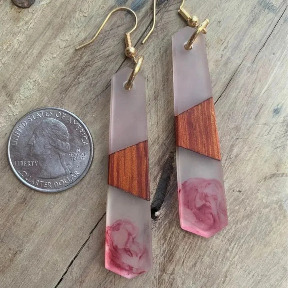 Brand new wood and resin smokey pink dangle drop earrings